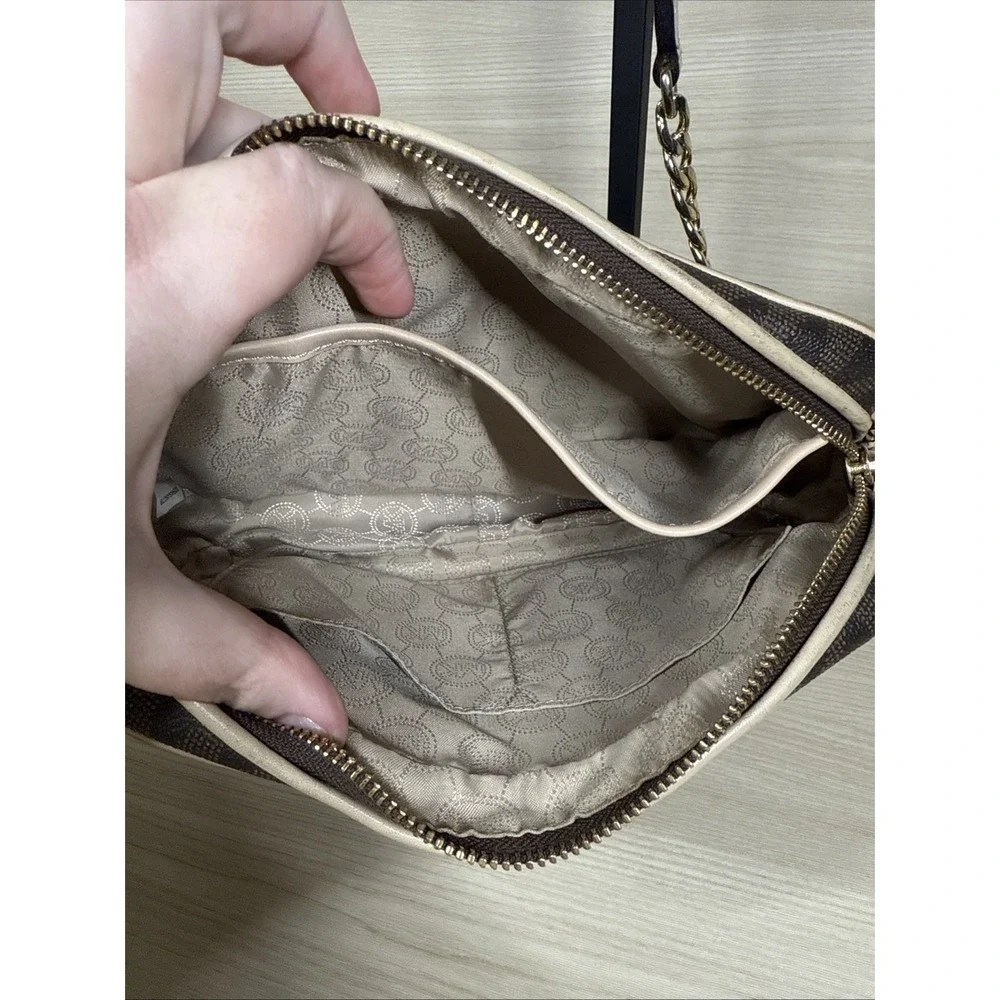 Michael Kors Brown Logo Saffiano Leather‎ Gold Chain Jet Set Small Crossbody